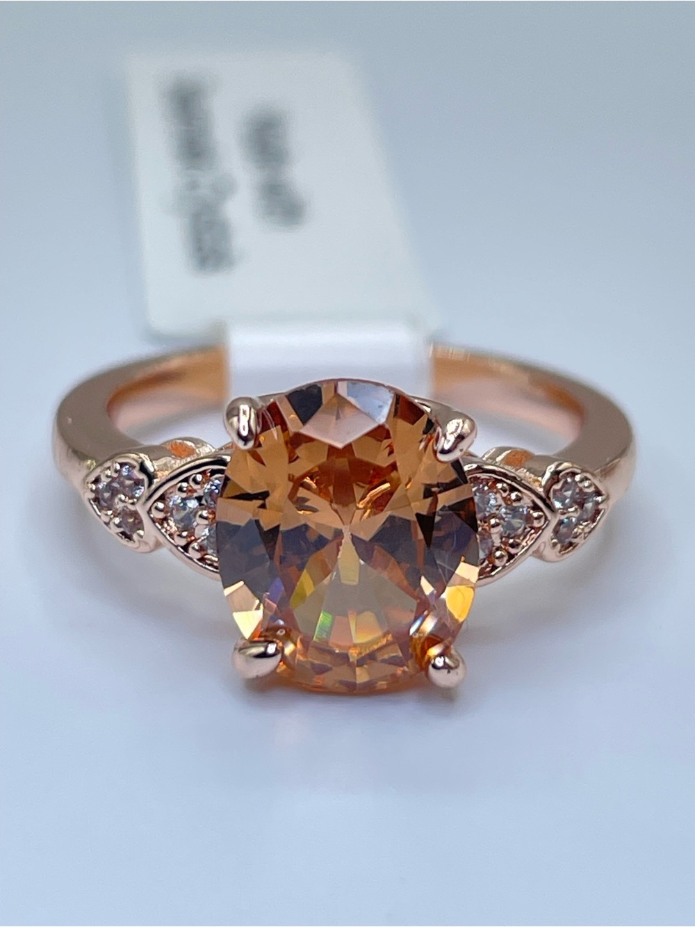 Swarovski Crystal Elements Oval Champagne Crystal Rose Gold Cocktail Ring Sz 6